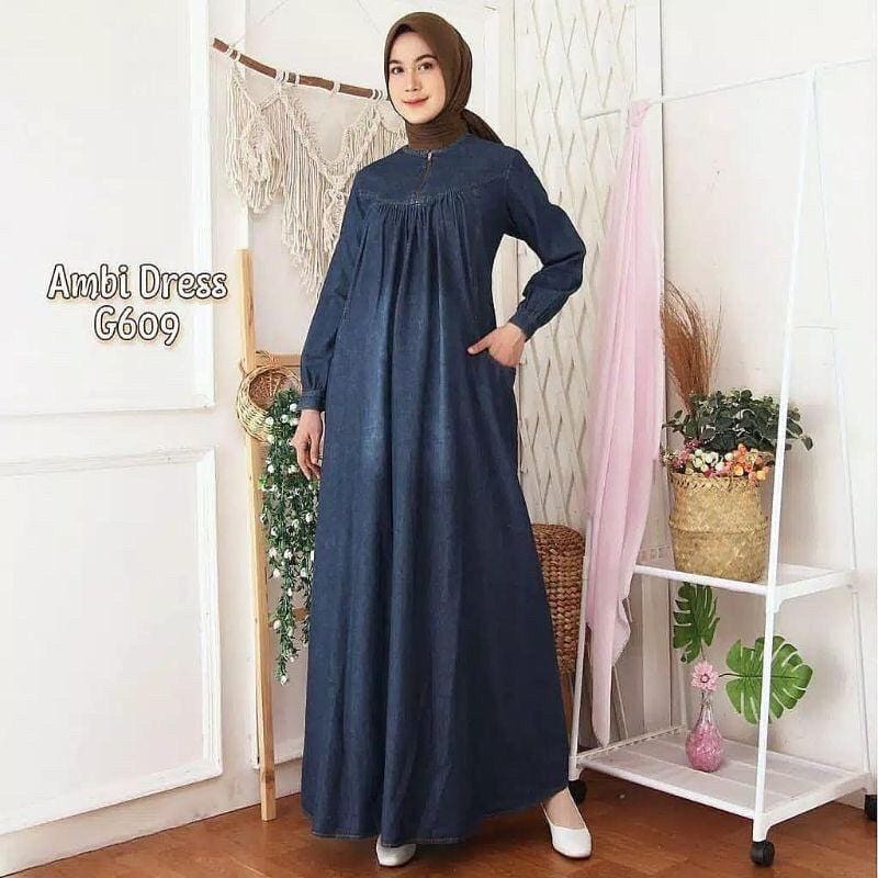Baju Muslim Modern AMBI DRESS BO JEANS WASH RESLETING DEPAN Gamis Jeans Wanita Terbaru 2021 Kekinian Gamis Jeans Dewasa Gamis Denim Wanita Gamis Jeans Motif BEST SELLER