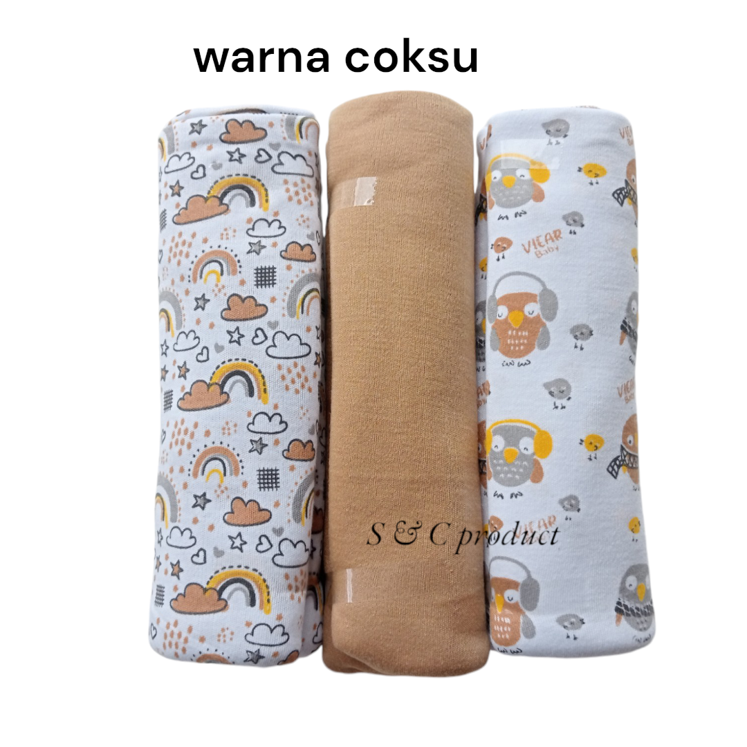 Set 3 Bedong Bayi Premium Kapas Organik Motif Ceria 90x110cm untuk Newborn 0-6 Bulan