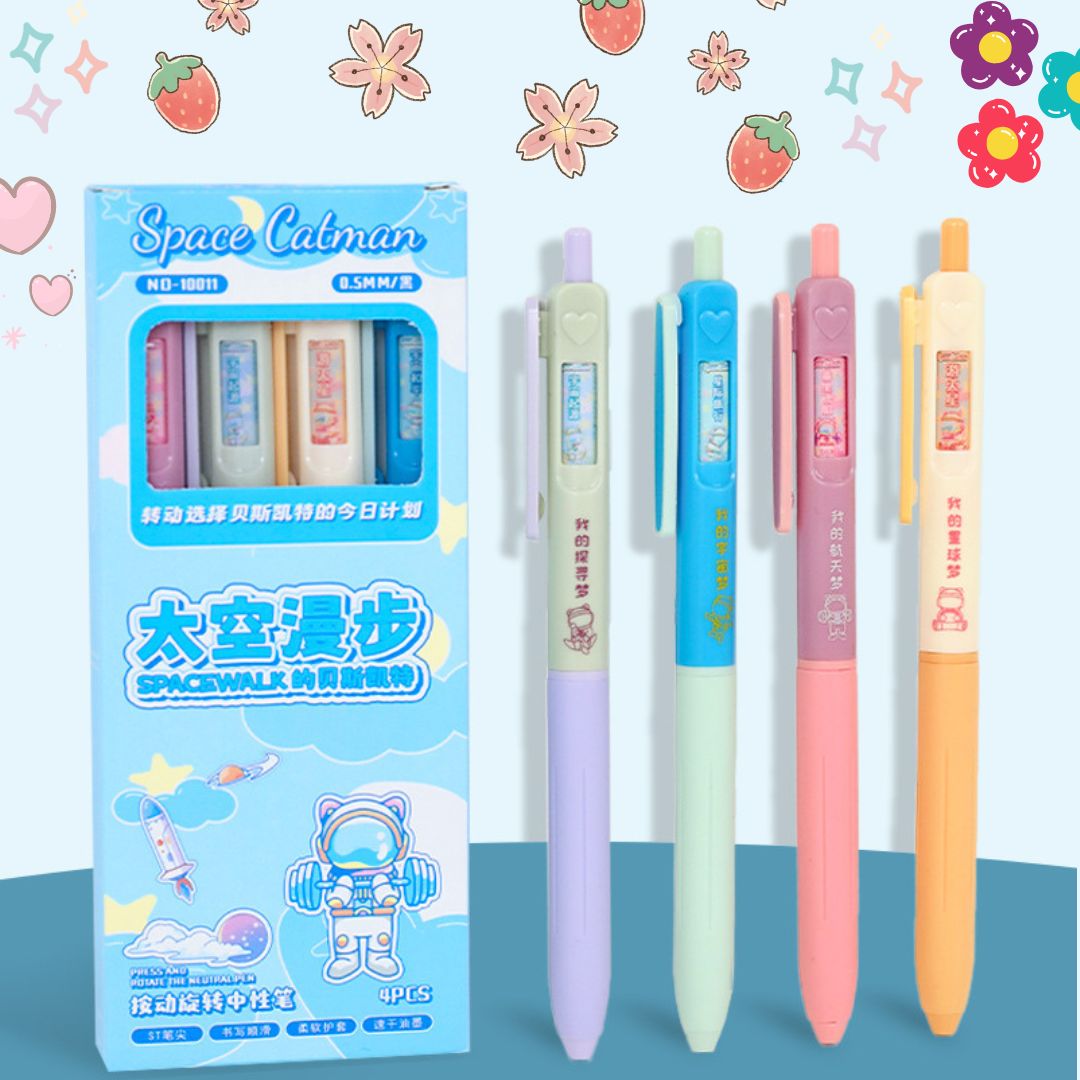 PULPEN GEL MEKANIK ISI 4 PCS 05 MM DENGAN GAMBAR YANG BISA BERPUTAR MOTIF KARAKTER KARTUN LUCU KAWAII TINTA HITAM