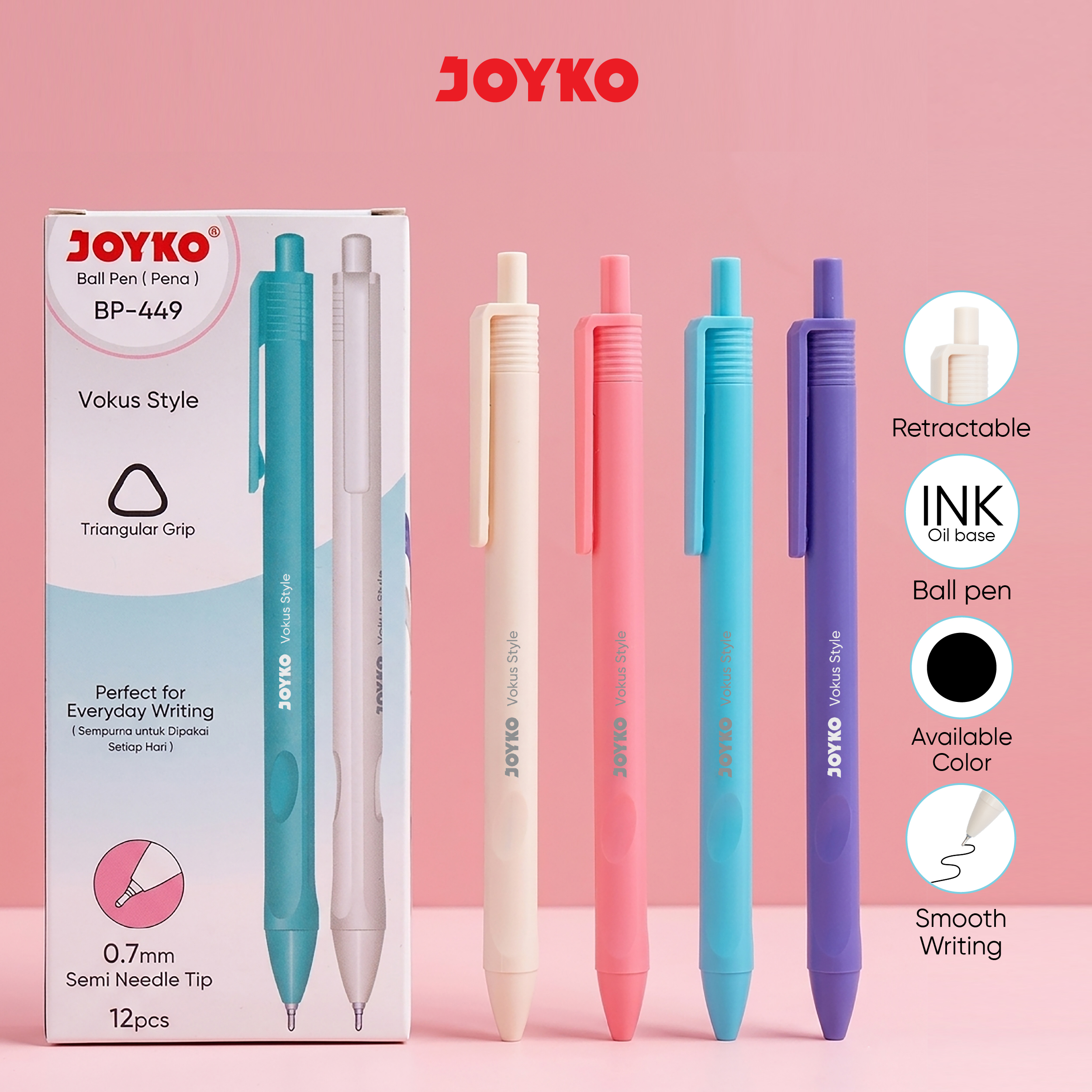JOYKO Ball Pen Pulpen 1 Pack BP-449 Vokus Style 0.7mm Isi 12 Pcs