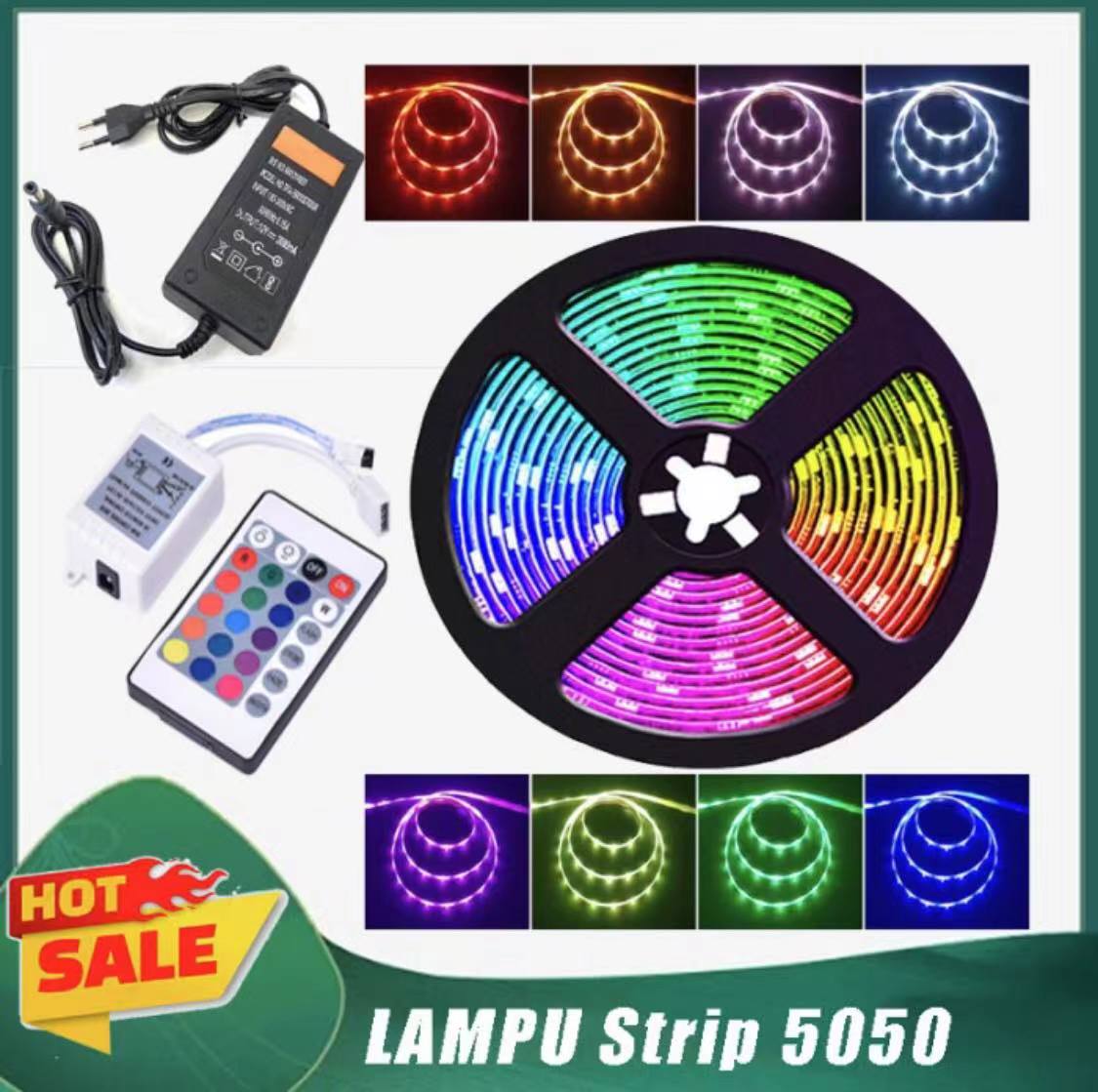 LAMPU LED STRIP 5050 5M 10M RGB WARNA WARNI IP44 AC 220V + ADAPTOR + REMOTE