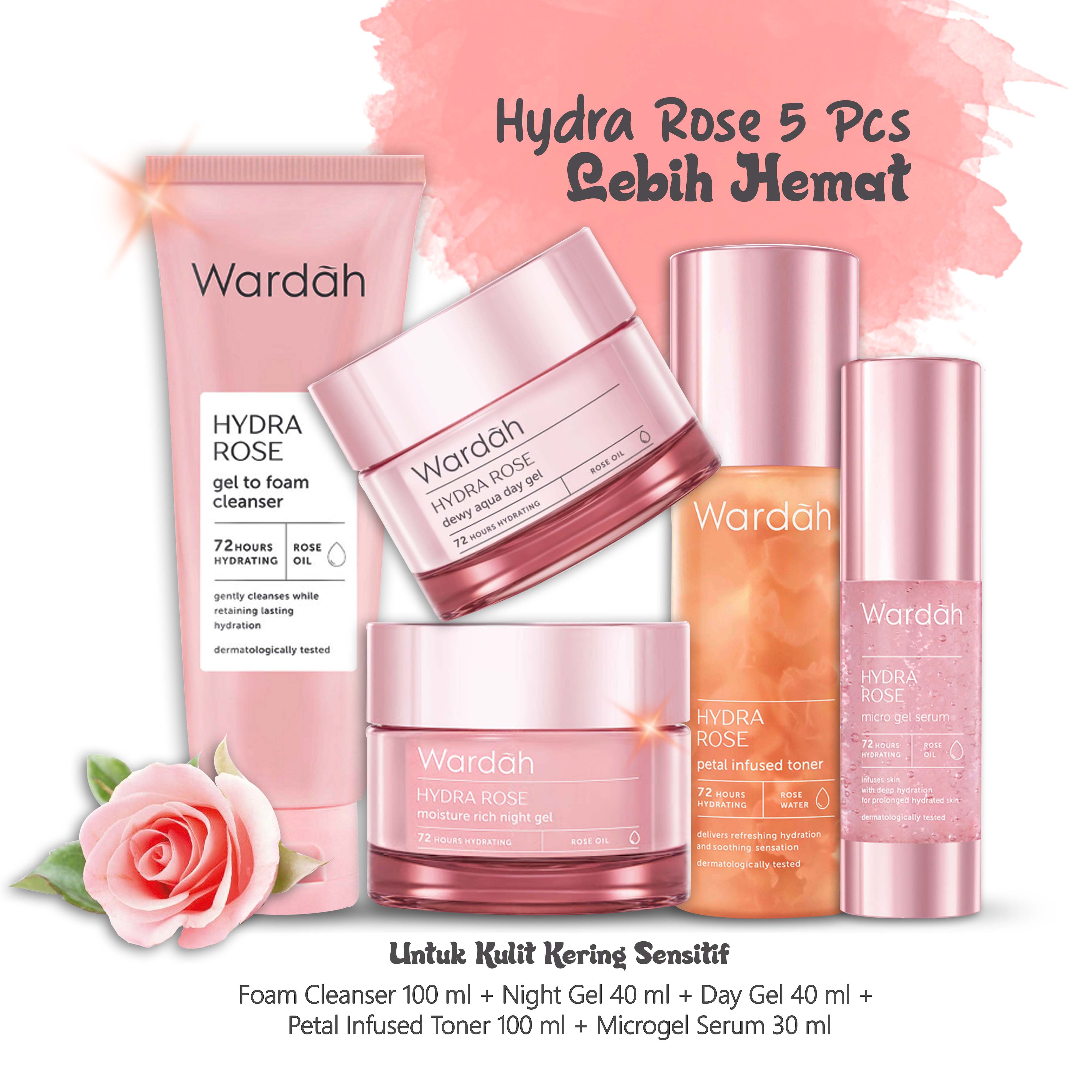Paket Lengkap Wardah Hydra Rose 5 pcs (Foam Cleanser 100 ml + Petal Infused Toner 100 ml + Microgel Serum 30 ml + Night Gel 40 ml + Day Gel 40 ml) Kemasan Besar Skincare Glowing