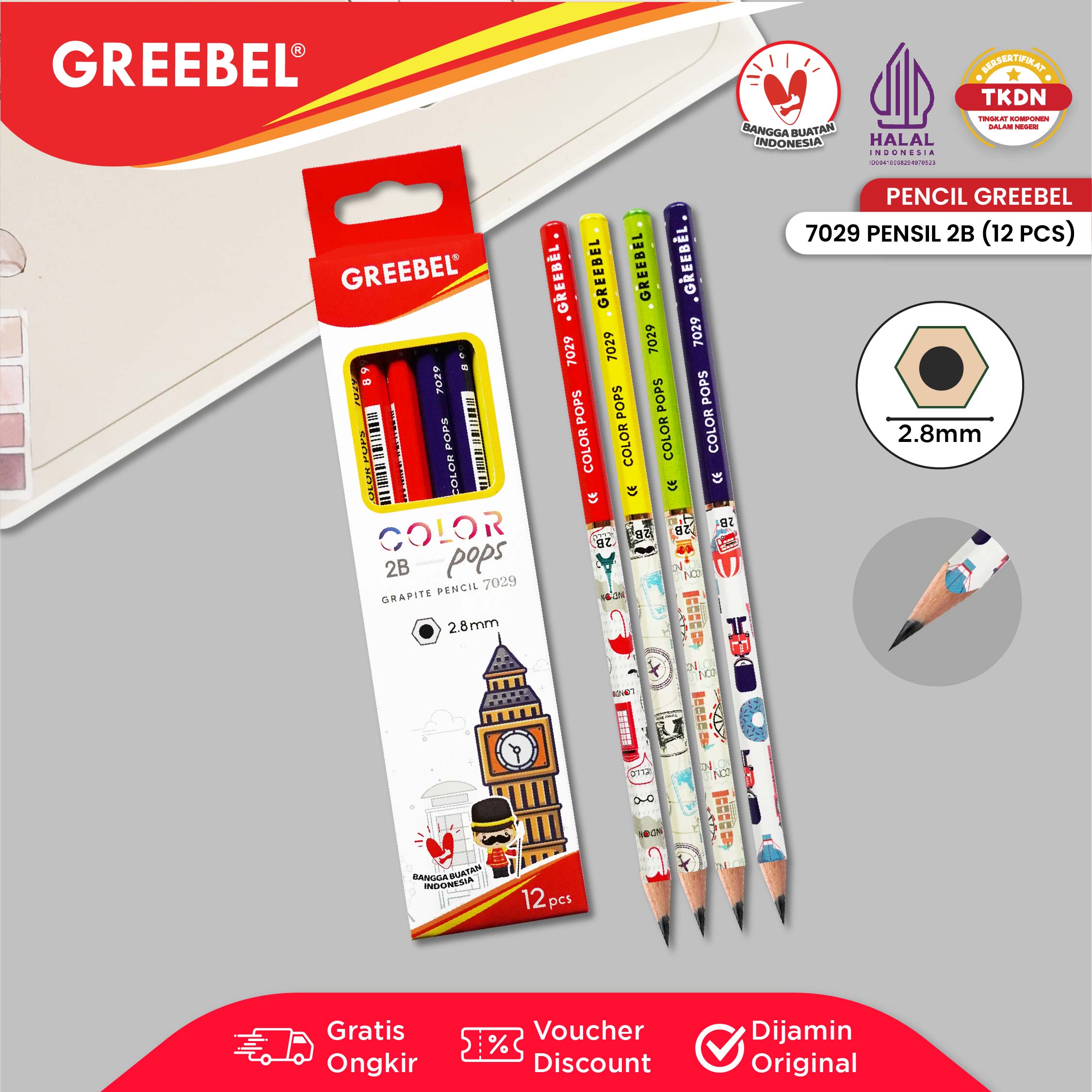 GREEBEL Pensil kayu 2B 7029 COLOR POP/Pencil Kayu Karakter/Grafit/Graphite tdk beracun utk ujian sekolah/gambar