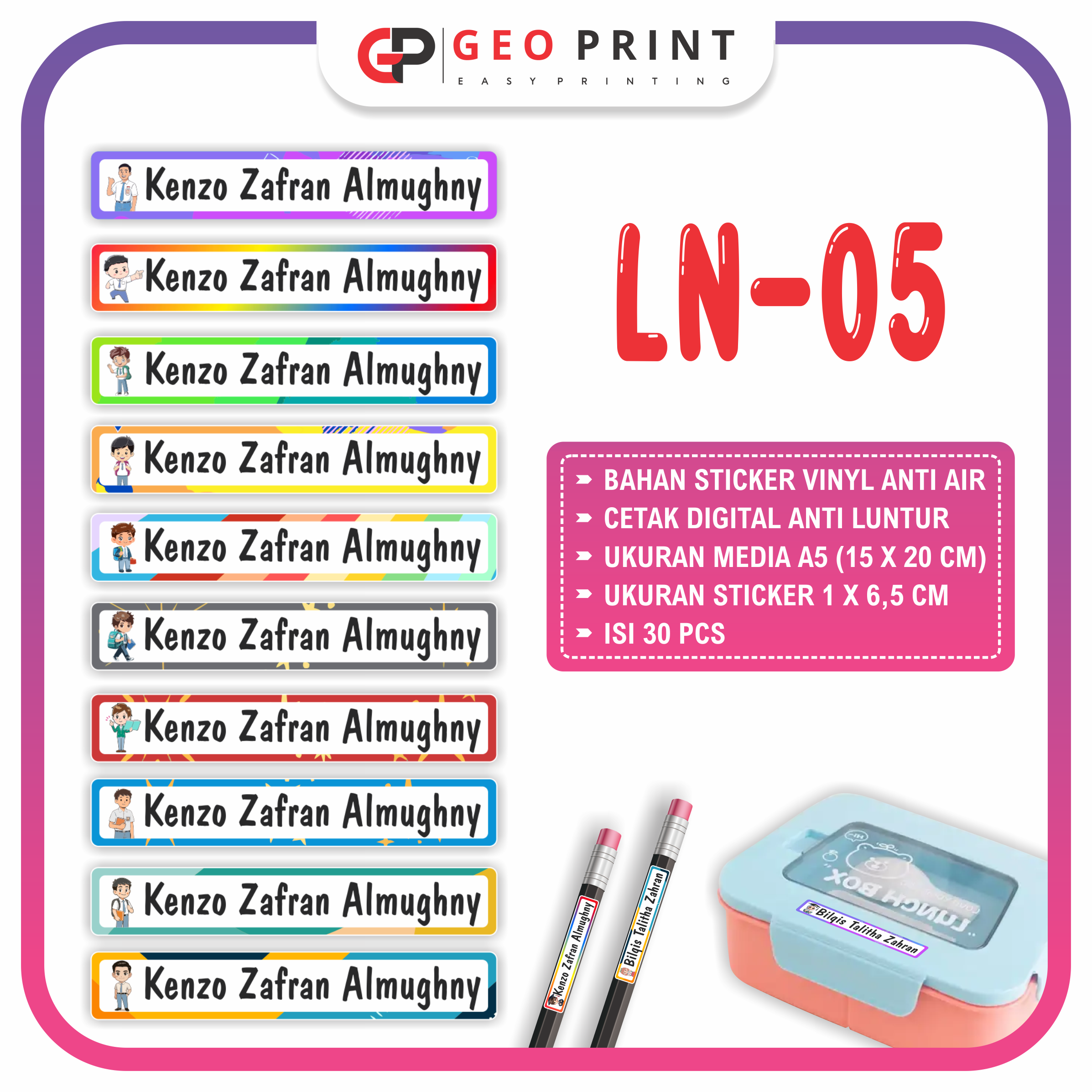 Sticker Nama Alat Tulis Anak Anti Air Bahan Vinyl Ukuran A5 Isi 30 Pcs - Geo Print
