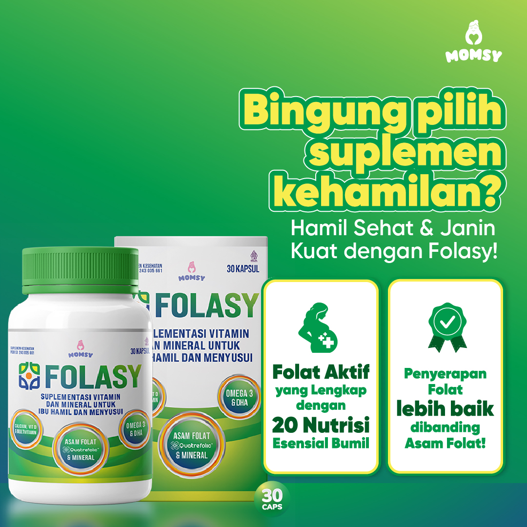 FOLASY [FOLAT AKTIF = BENTUK AKTIF ASAM FOLAT] Lengkap dengan 20 Nutrisi Esensial untuk Ibu Hamil. Seperti Kalsium Zinc Iron Magnesium DHA Omega 3 Vit A B komplex C D & K BPOM 30 Kapsul