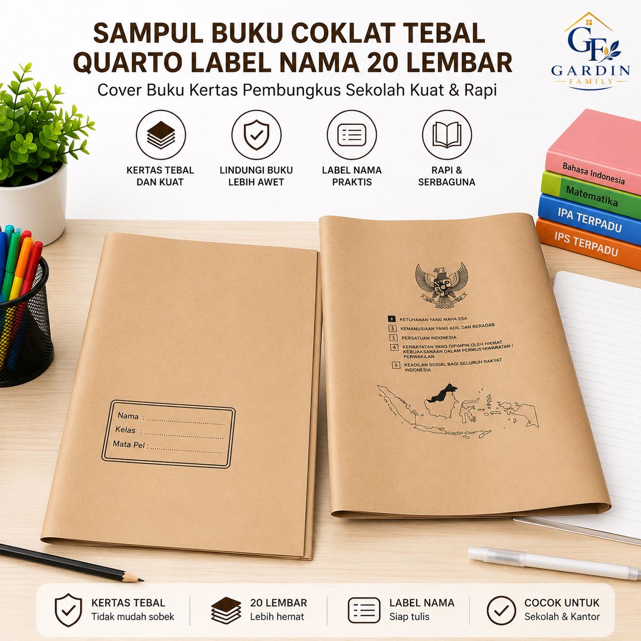 Sampul Buku Coklat Tebal Quarto Label Nama 20 Lembar | Cover Buku Kertas Pembungkus Sekolah Kuat & Rapi