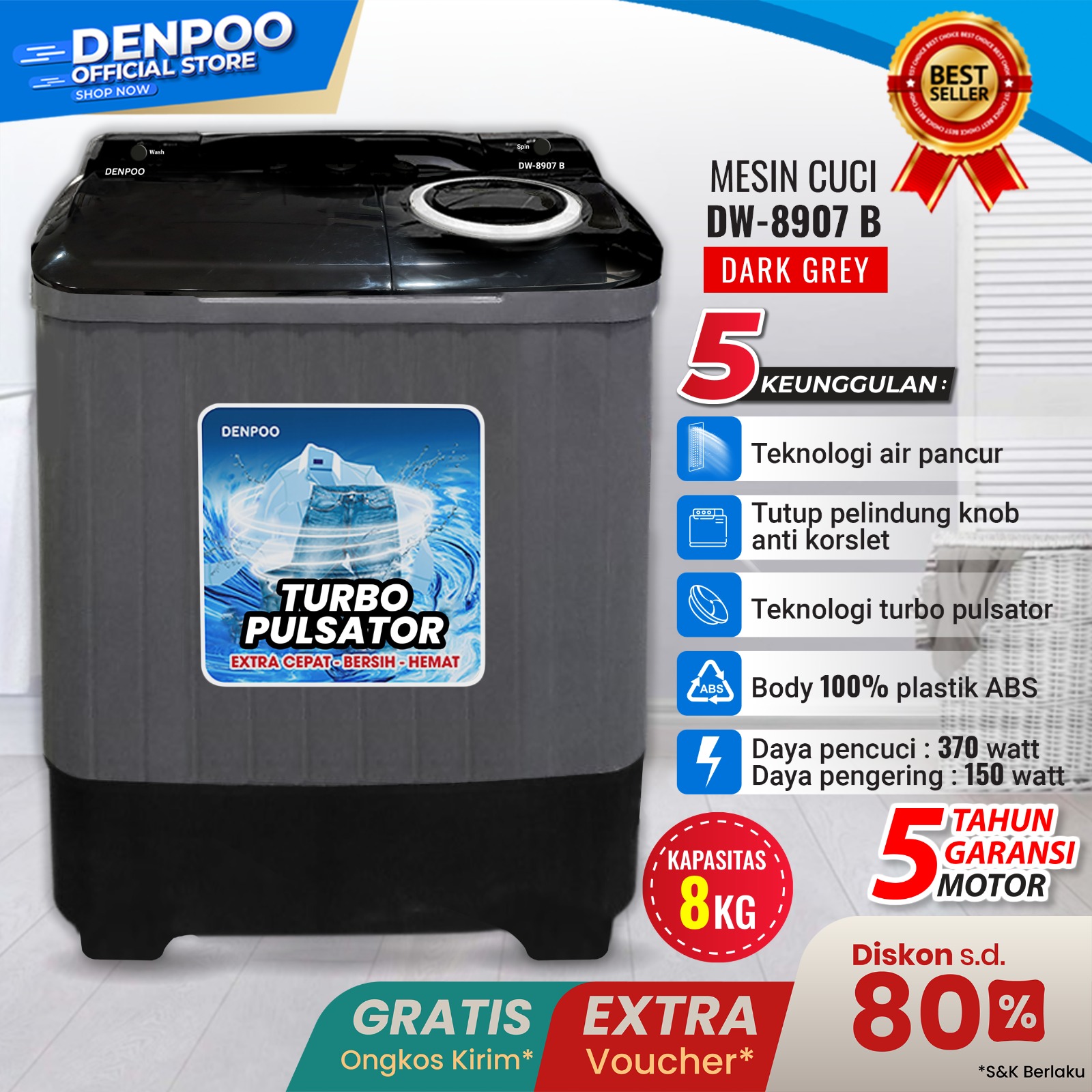 Mesin Cuci 2 Tabung Denpoo DW 8907B 8KG
