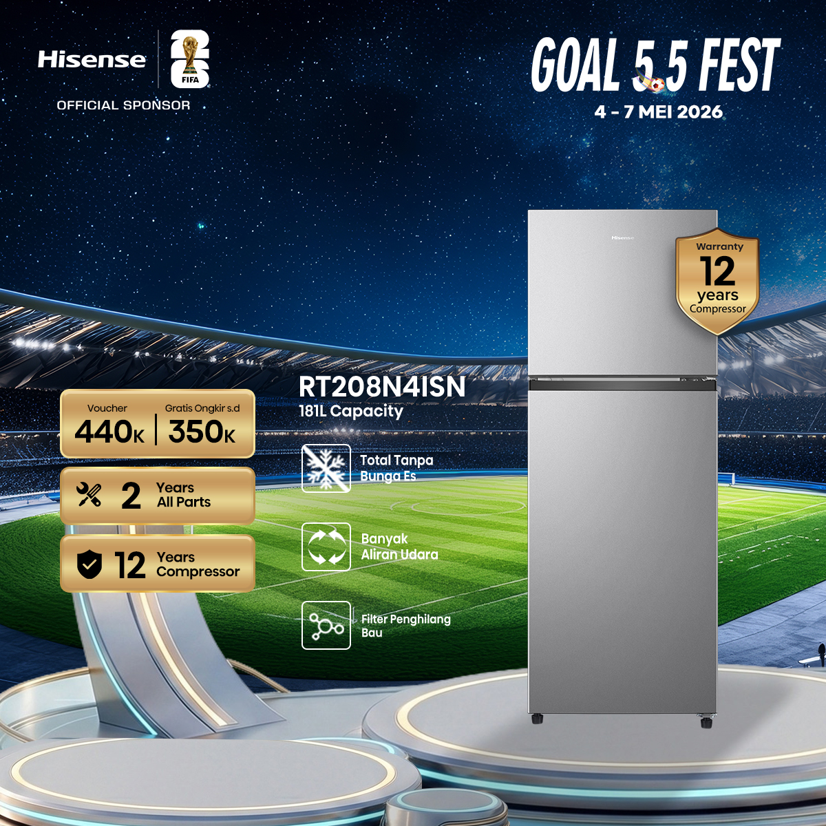 Hisense Kulkas 2 Pintu - RT208N4ISN - 181L Gross Capacity - Grey【No Frost + Multi Air Flow】【Deodo...