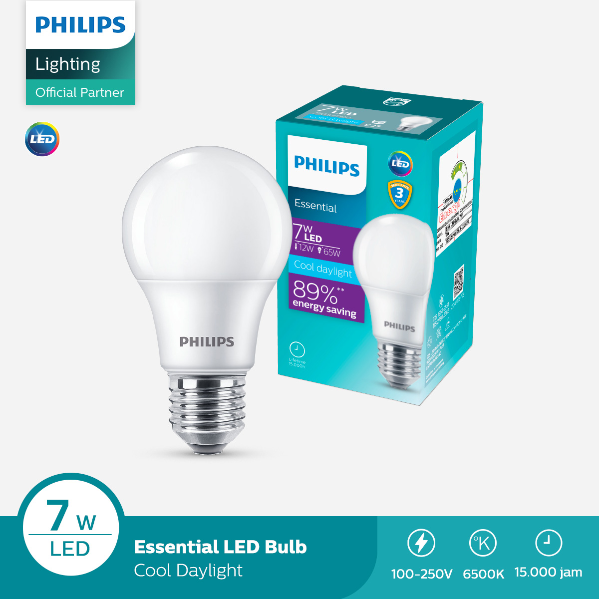 Lampu Philips LED Bulb Essential Bohlam 7W 65K Putih