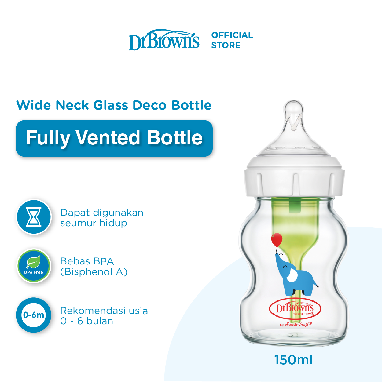 Dr. Browns 2oz / 5oz Glass Wide-Neck Options+ Deco Bottle / Botol Susu Kaca / Botol Susu Bayi - WB51621