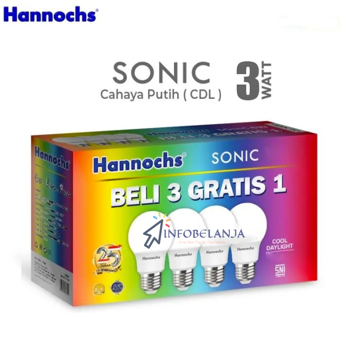 Hannochs Sonic Paket Beli 3 Gratis 1 Lampu Led 3W 6W 10W 13W Cahaya Putih CDL SNI Isi 4 Pcs