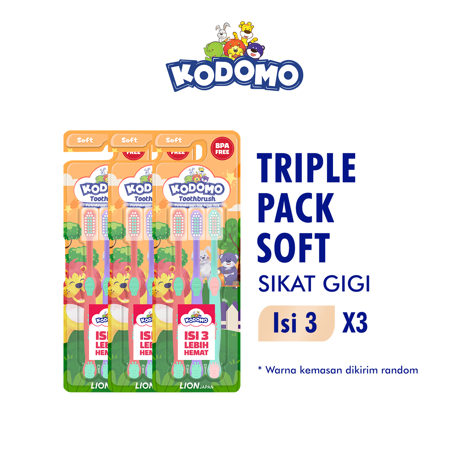 [Paket isi 3] KODOMO Sikat Gigi Reguler isi 3 - Random Motif Packaging