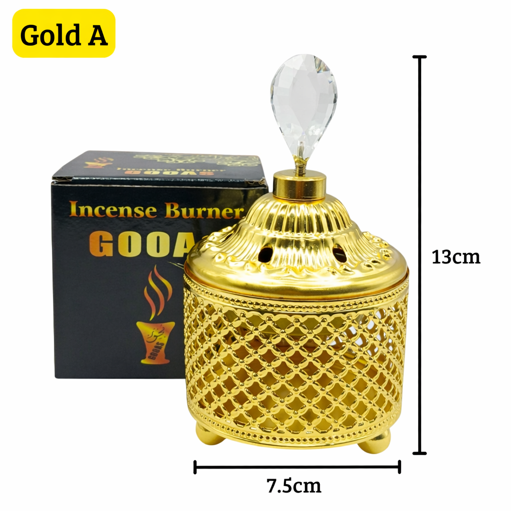 Tempat Bakar Dupa Gold Mabkharah Bulat Arab 5 model Uk 7x14 Cm dan Dupa Motif Bunga Uk 12x7cm