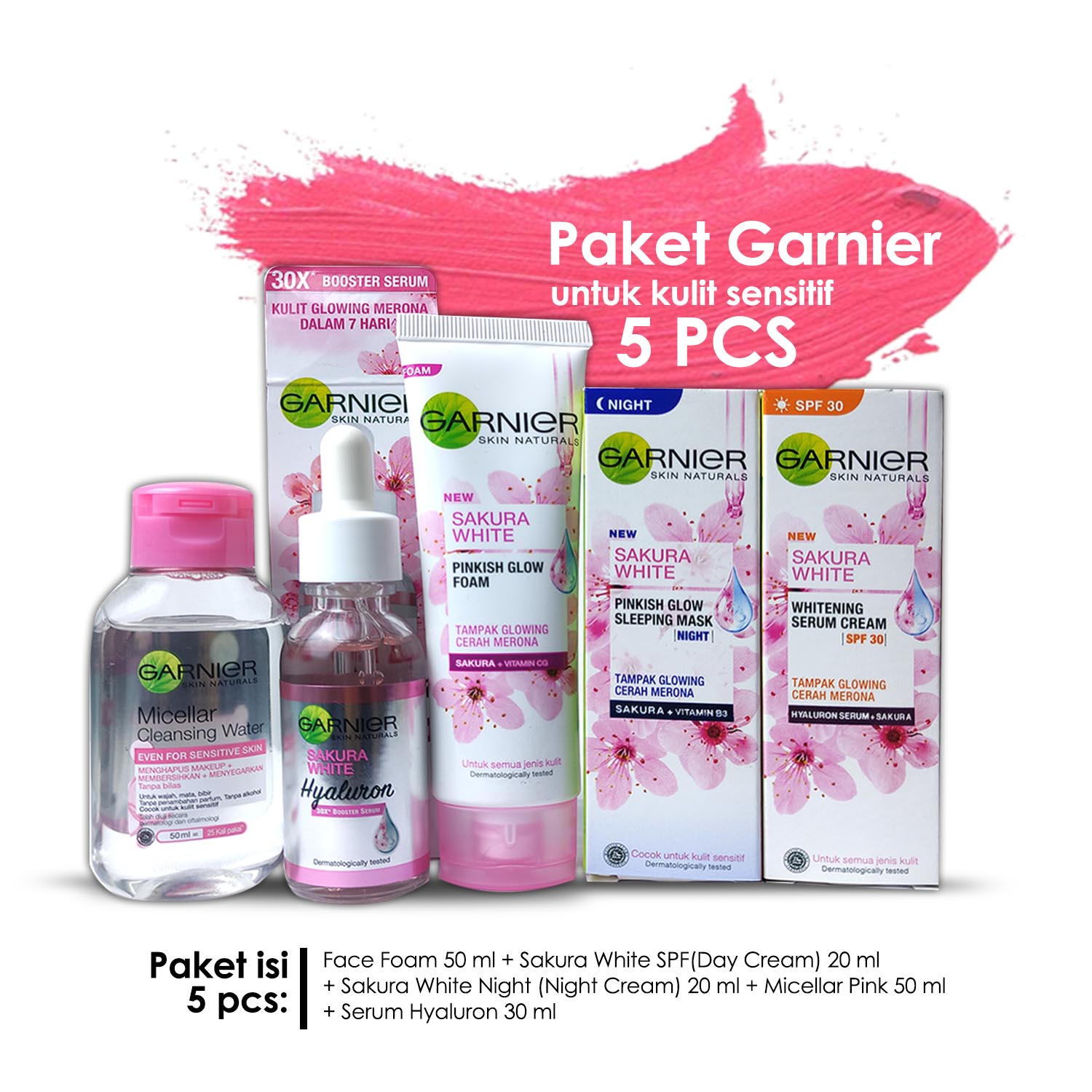 Paket Skincare Garnier Sakura 5 pcs (Cleanser Foam 50 ml, Sakura White SPF 20 ml, Sakura White Night 20 ml, Micellar pink 50 ml, Serum Hyaluron 30 ml) untuk Kulit Normal Sensitif