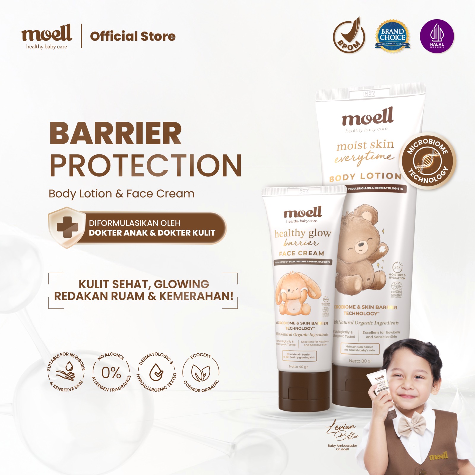 Moell Barrier Protection Body Lotion 185gr & Face Cream 40gr - Body Lotion Kulit Sensitif & Kering - Face Cream With Plant Based Probiotics Organic Avocado Oil - Skincare Untuk Wajah & Badan Bayi dan Anak Formulasi Dokter