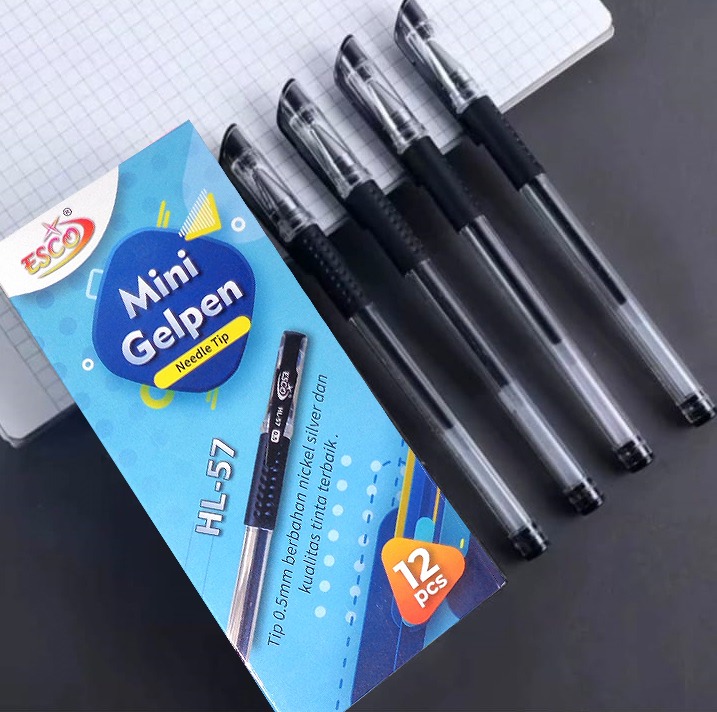1 Box 12 pcs Pulpen GelPen ESCO HL-57 Tinta Hitam 05 MM