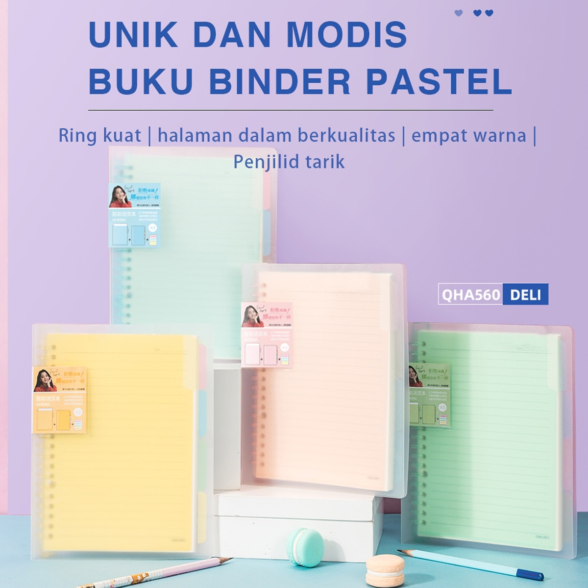 Vivid Lose Leaf Binder Deli Binder A5/B5 60 Halaman Warna Pastel Binder Kampus Untuk Sekolah Kantor ATK QHB560 QHA560