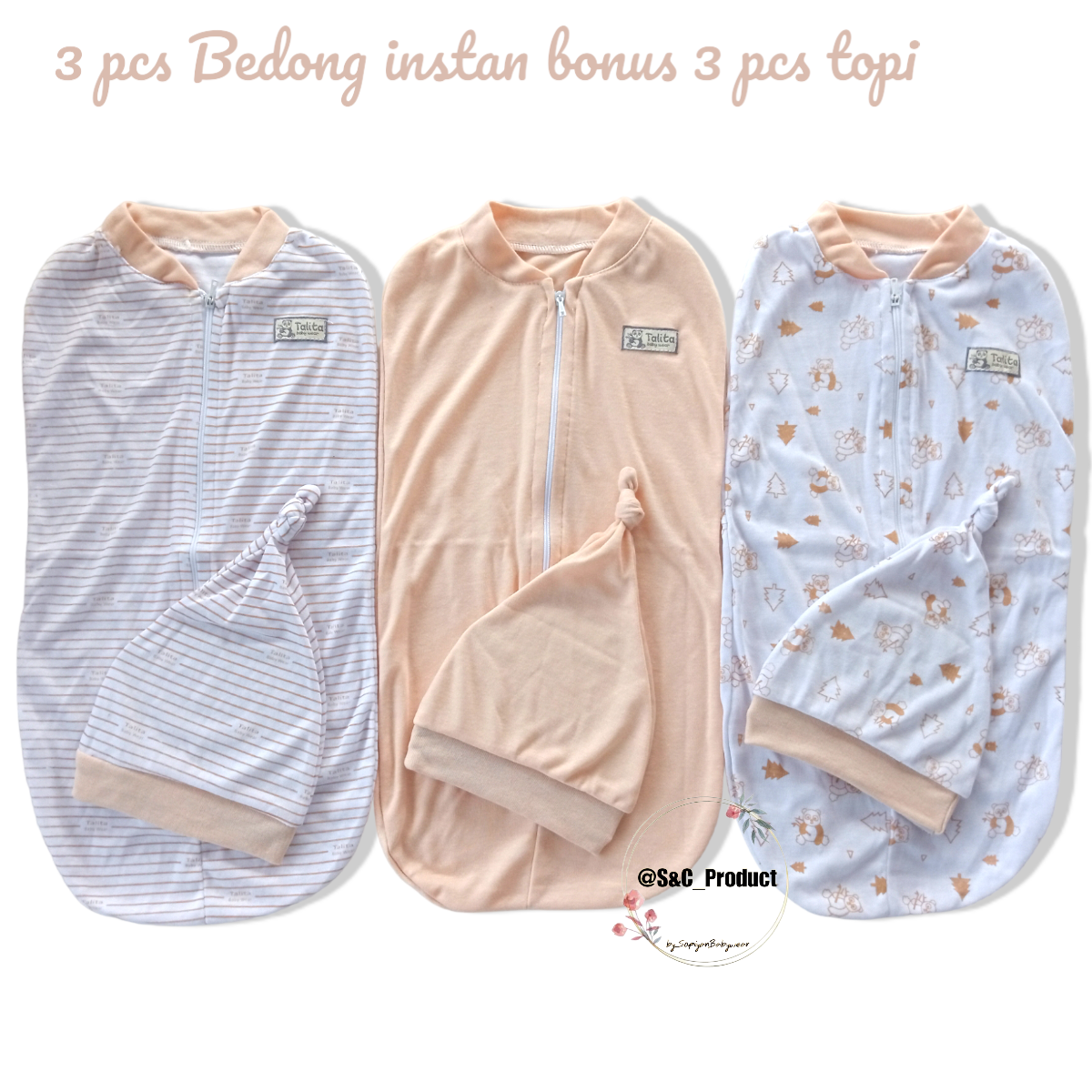 3 pcs bedong instan bayi newborn 0-4 bulan / harga promo free 3 pcs topi