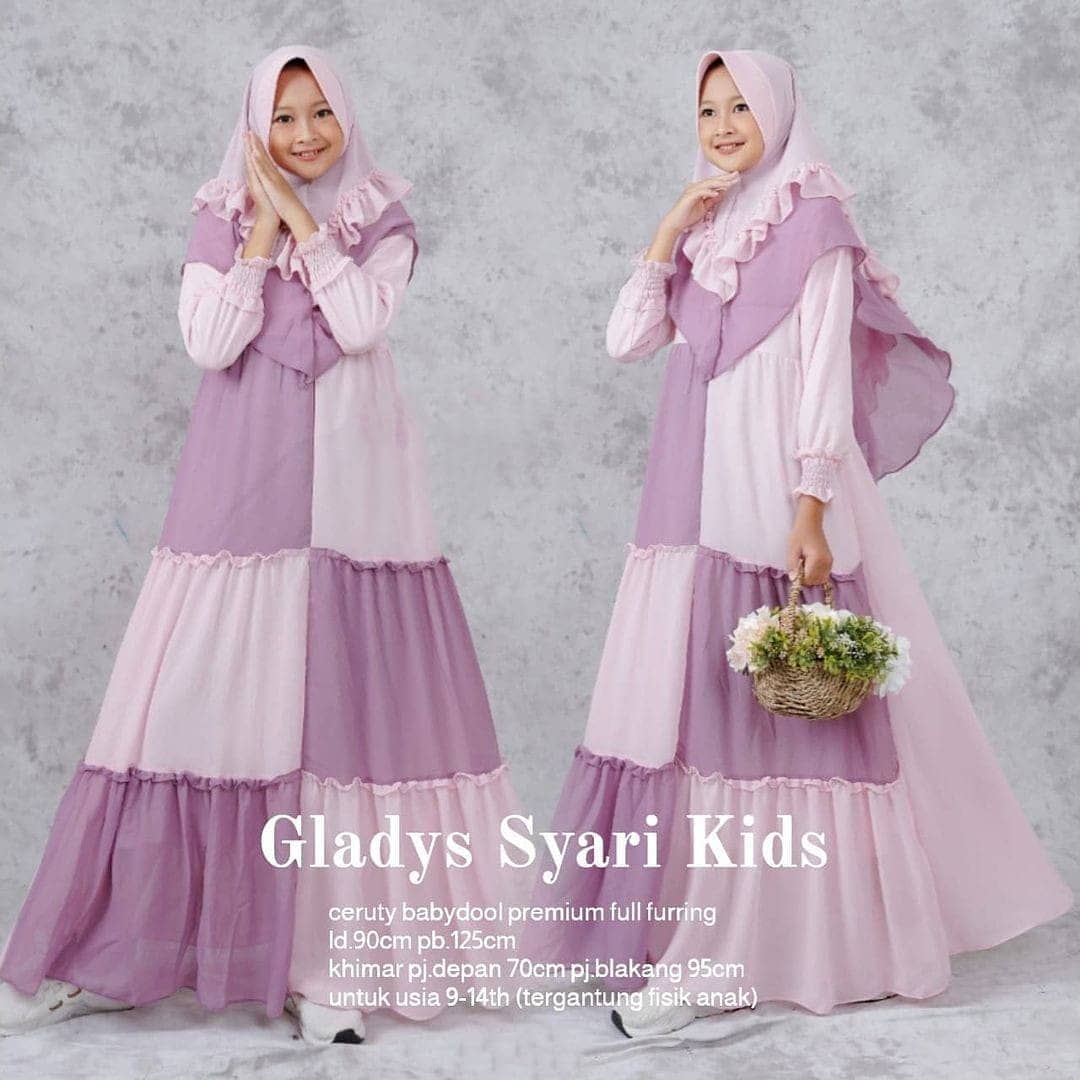 Baju Muslim Modern GLADYS SYARI KIDS IK 9-14 Tahun Bahan CERUTY BABYDOLL FULL FURING Baju Gamis Anak Perempuan Baju Gamis Anak Tanggung Gamis Anak Set Khimar Murah