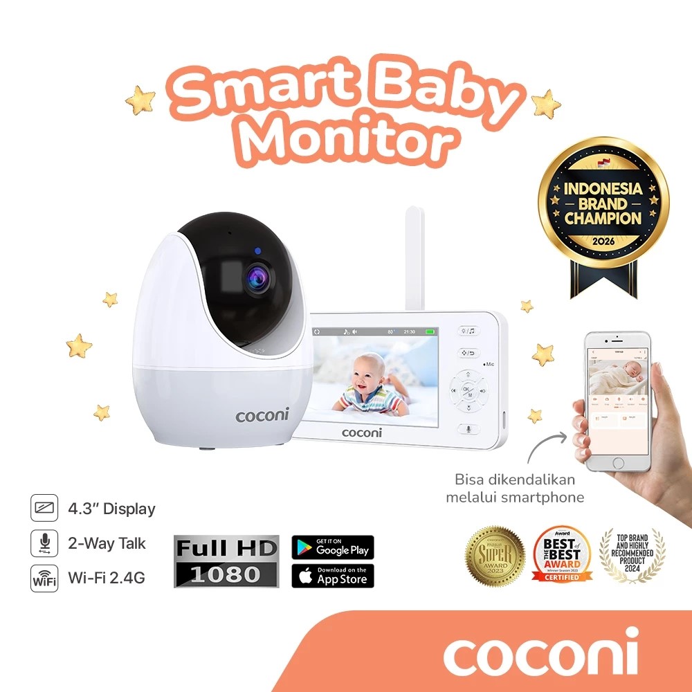 COCONI SMART BABY MONITOR 1080P HD / KAMERA BAYI WIFI + MONITOR 4.3 / NIGHT VISION AUTO TRACKING 2 WAY TALK SUHU & KELEMBAPAN