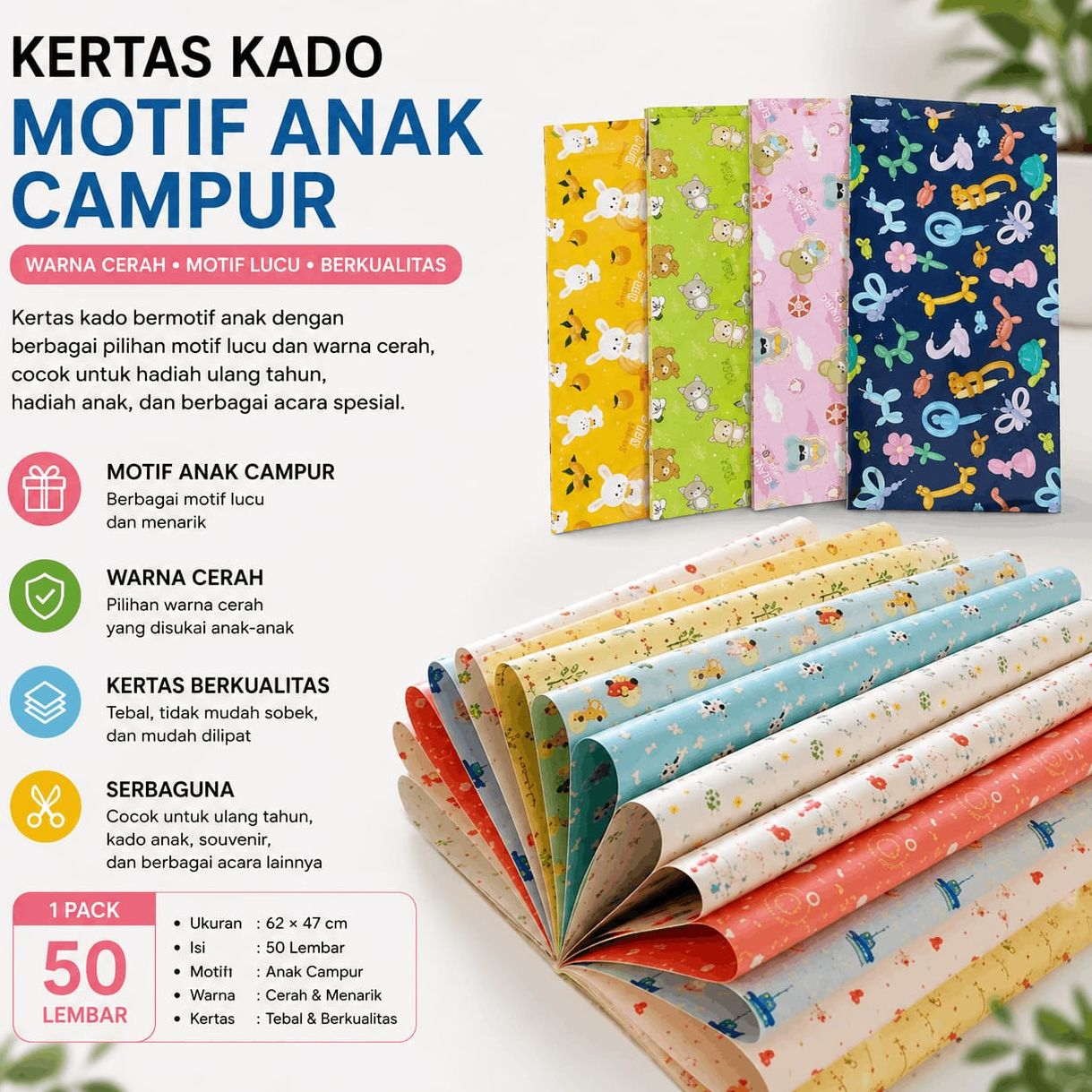1 Pak Kertas Kado Motif Sidu Glossy ( 5 Motif ) Isi 50 Lembar
