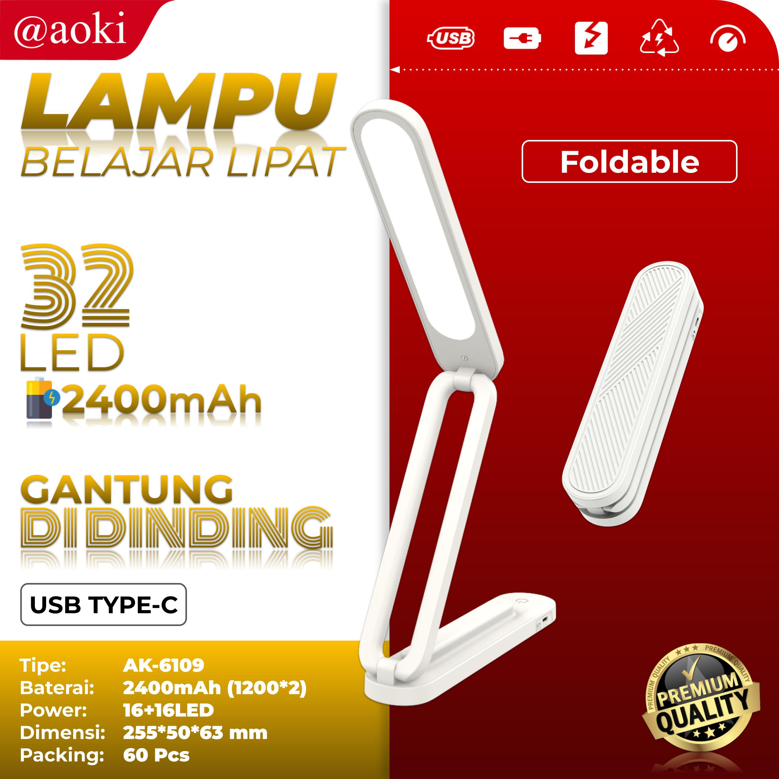 AOKI Lampu belajar lipat pratis 2400mah daya tahan lama dual baterai Baca Meja Kerja