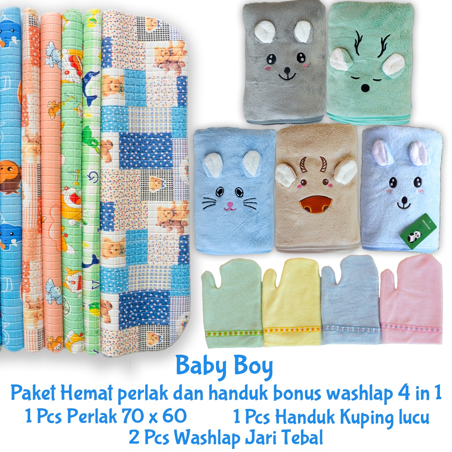 Paket lengkap 4in1 kado baby handuk perlak waterproof dan washlap set komplit perlengkapan mandi bayi