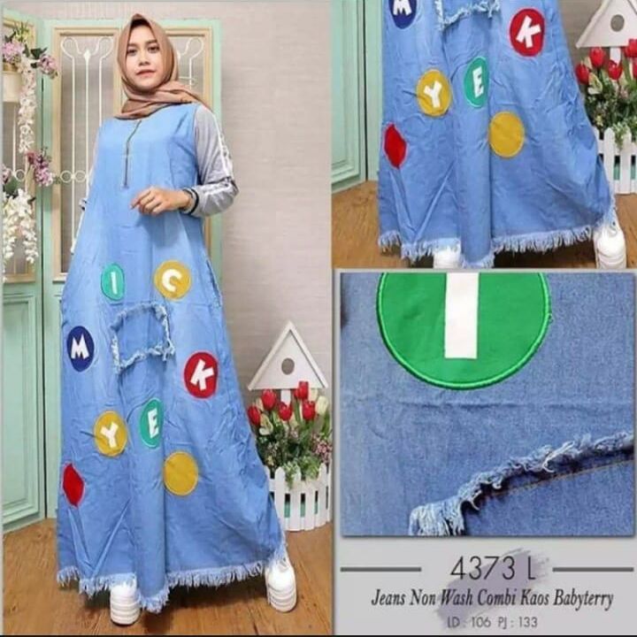 Baju Muslim Modern MICKKEY MAXI BO JEANS MIX BABYTERRY Gamis Jeans Wanita Terbaru 2021 Kekinian Gamis Jeans Dewasa Gamis Denim Wanita Gamis Jeans Motif BEST SELLER