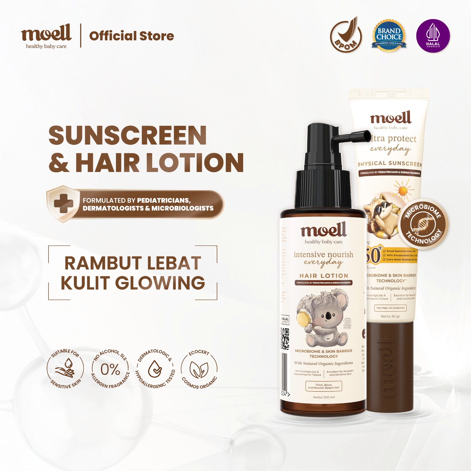Moell Special Bundling Hair Lotion 100ml & Sunscreen 30gr - Hair Lotion With Panax Ginseng Candlenut Oil Biotin - Physical Sunscreen With SPF 50(+) PA(++++) - Skincare Untuk Baby & Anak