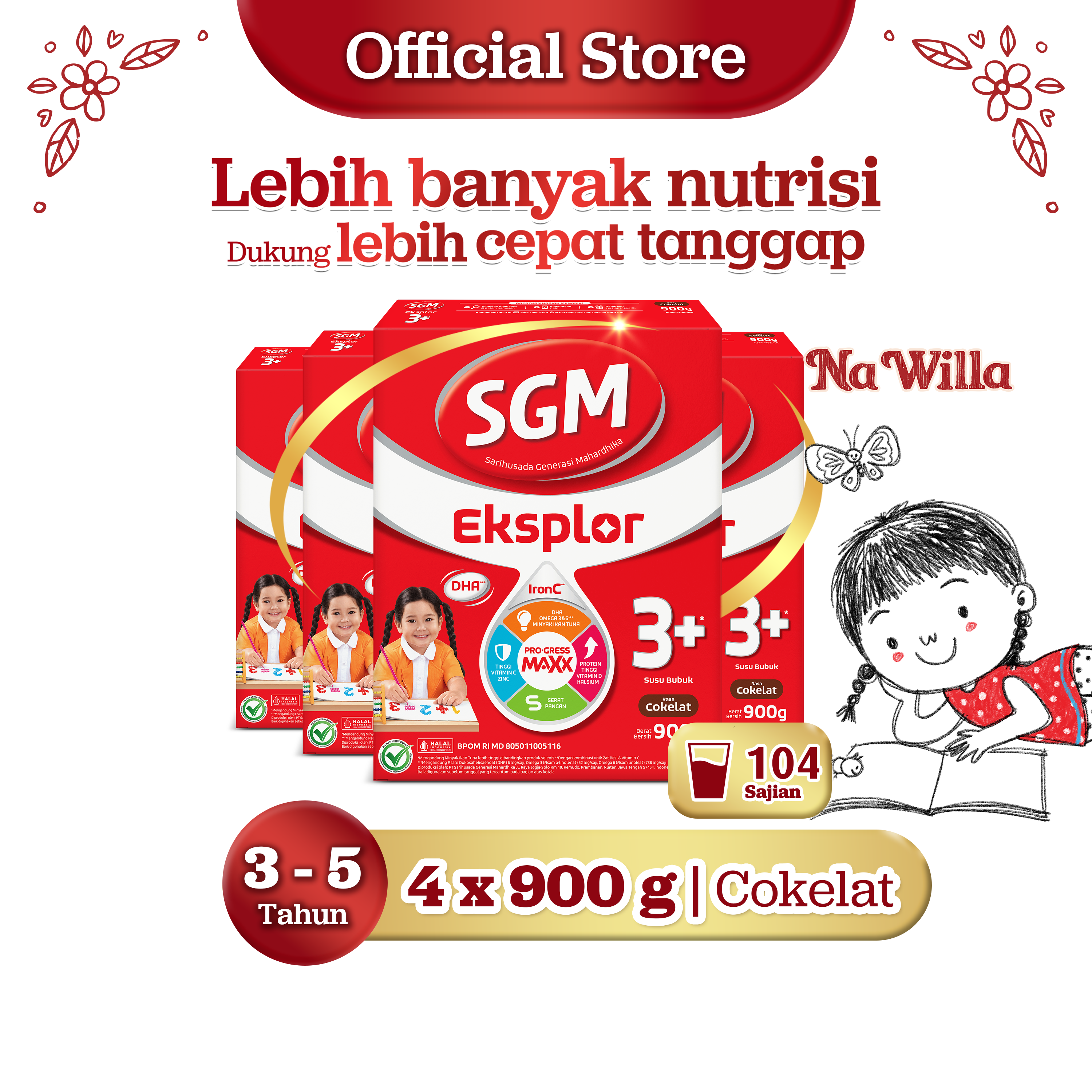 SGM Eksplor 3+ dengan IronC Susu Bubuk Rasa Cokelat 900GR x 4