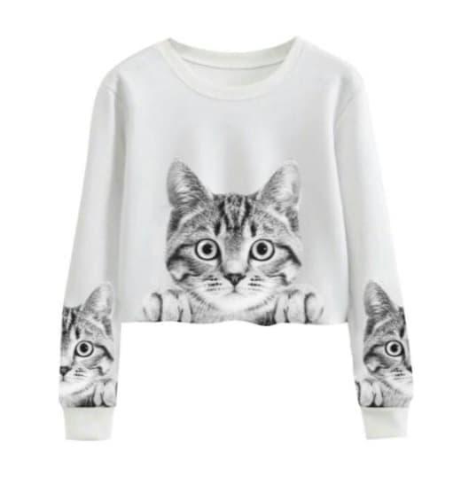 MFcollection Sweater Wanita Crop Motif Kucing - Putih