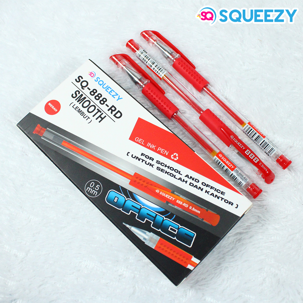 Harga Grosir (1kotak/12pcs) Pulpen Gel Pen SQUEEZY SQ-888 Hitam Biru Merah ( Lancip )