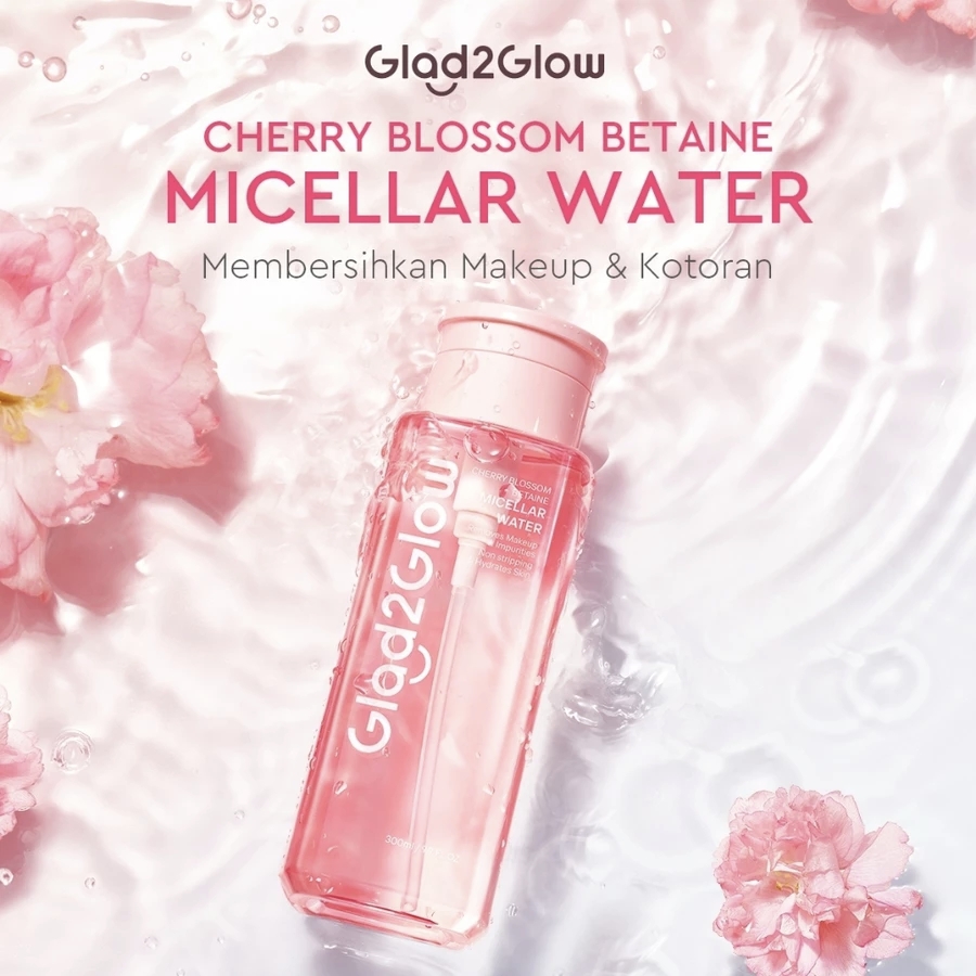 Glad2Glow Micellar Water Cherry Blossom Betaine 300ml/130ml Pembersih Wajah Make Up Remover