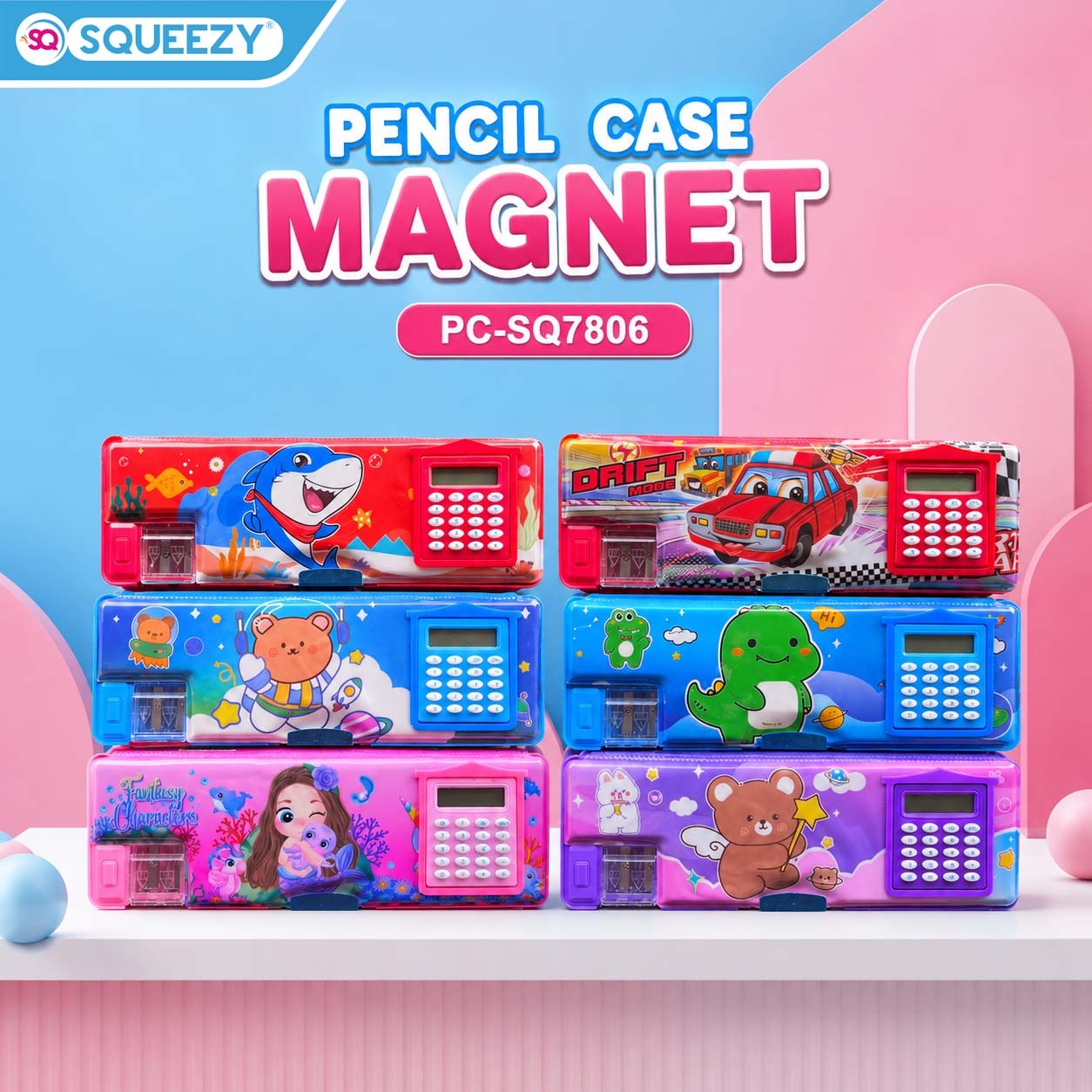 SQUEEZY Tempat Pensil Magnet Karakter + Kalkulator - Kotak Pensil RANDOM | Anak Lucu | Hadiah Ulang Tahun Anak | PC-SQ7806