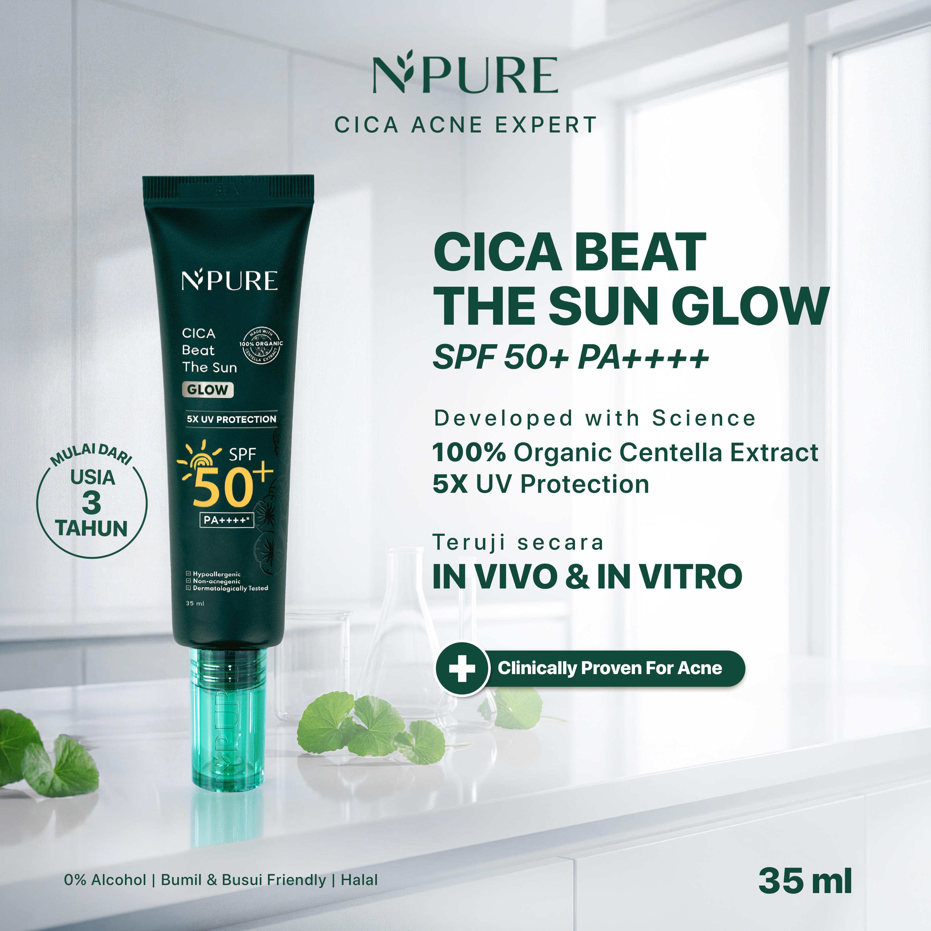 NPURE Sunscreen Cica (Centella) Beat The Sun Glow SPF 50+ PA++++ 35 ml / Hydrating / Jerawat / Gl...