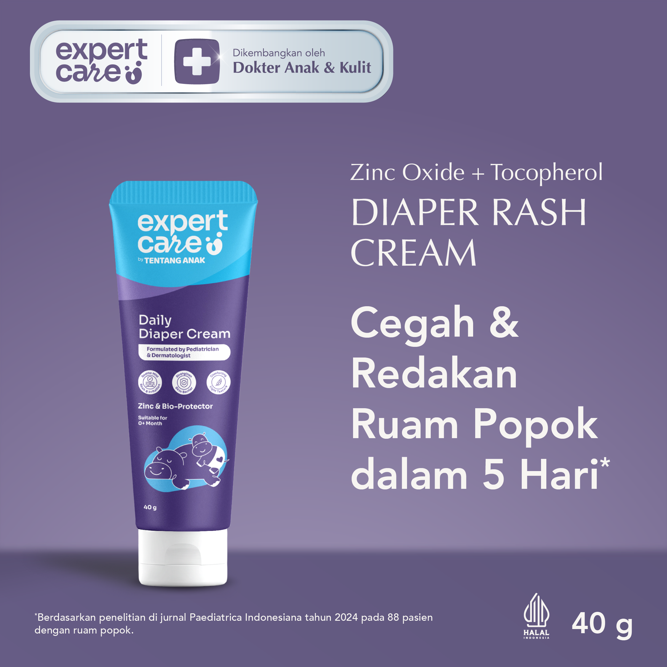 Diaper Rash Cream - Expert Care Daily Diaper Cream 40g dengan Zinc Oxide Panthenol & Bio-Protector - Redakan dan Cegah Ruam Popok