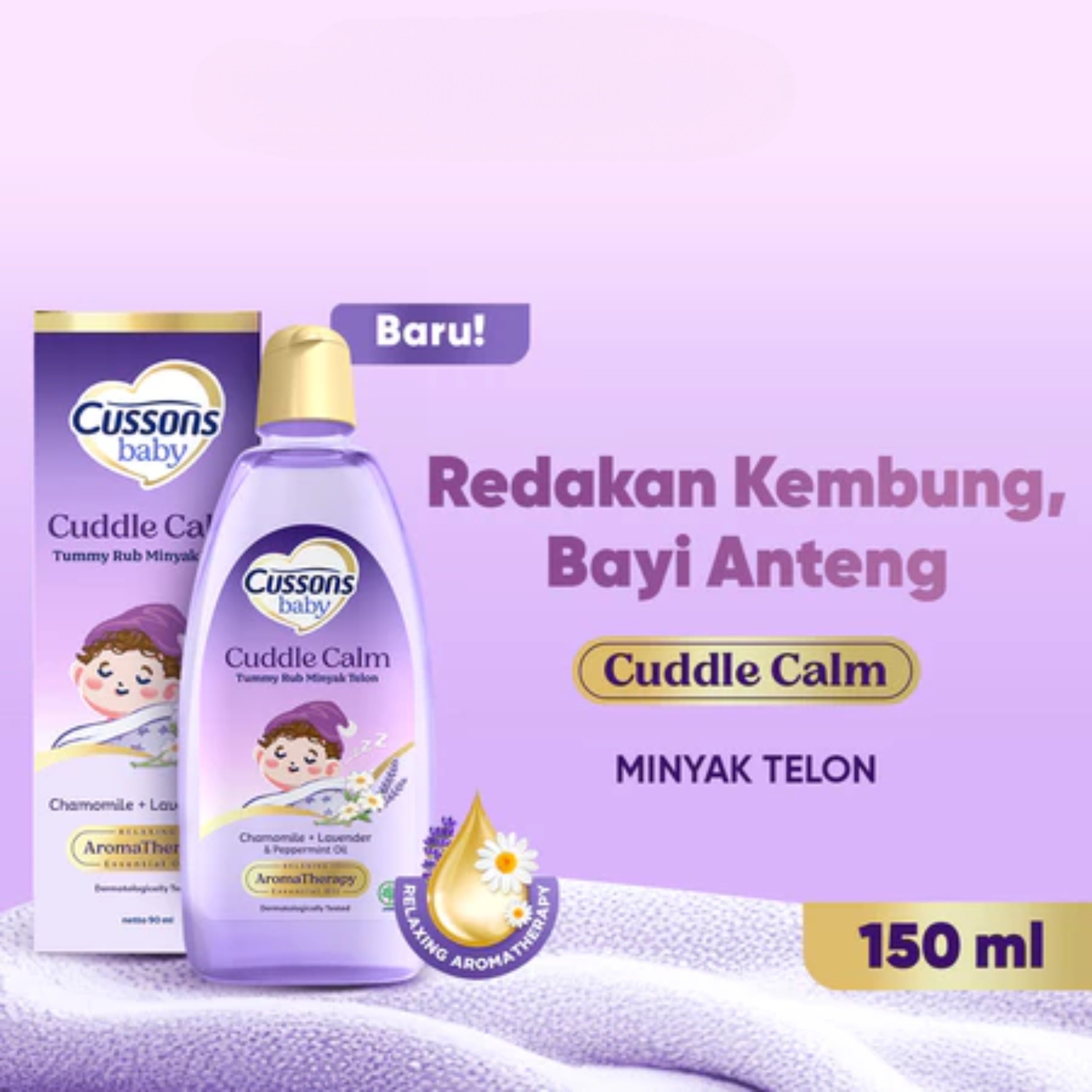 CUSSONS Baby Cuddle Calm Tummy Rub Telon Oil 60ml | 150ml – Chamomile & Lavender Oil Minyak Telon Redakan Kolik Bayi Anteng