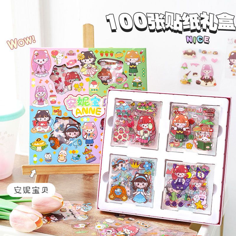 Sticker MOMO Kartun Aesthetic Waterproof 1 Box isi 100 pcs/ Sticker kartun Motif Lucu Anti AIr