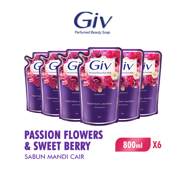 [Paket isi 6] Giv Beauty Sabun Mandi Cair Passion Flowers & Sweet Berry Pouch 800ml