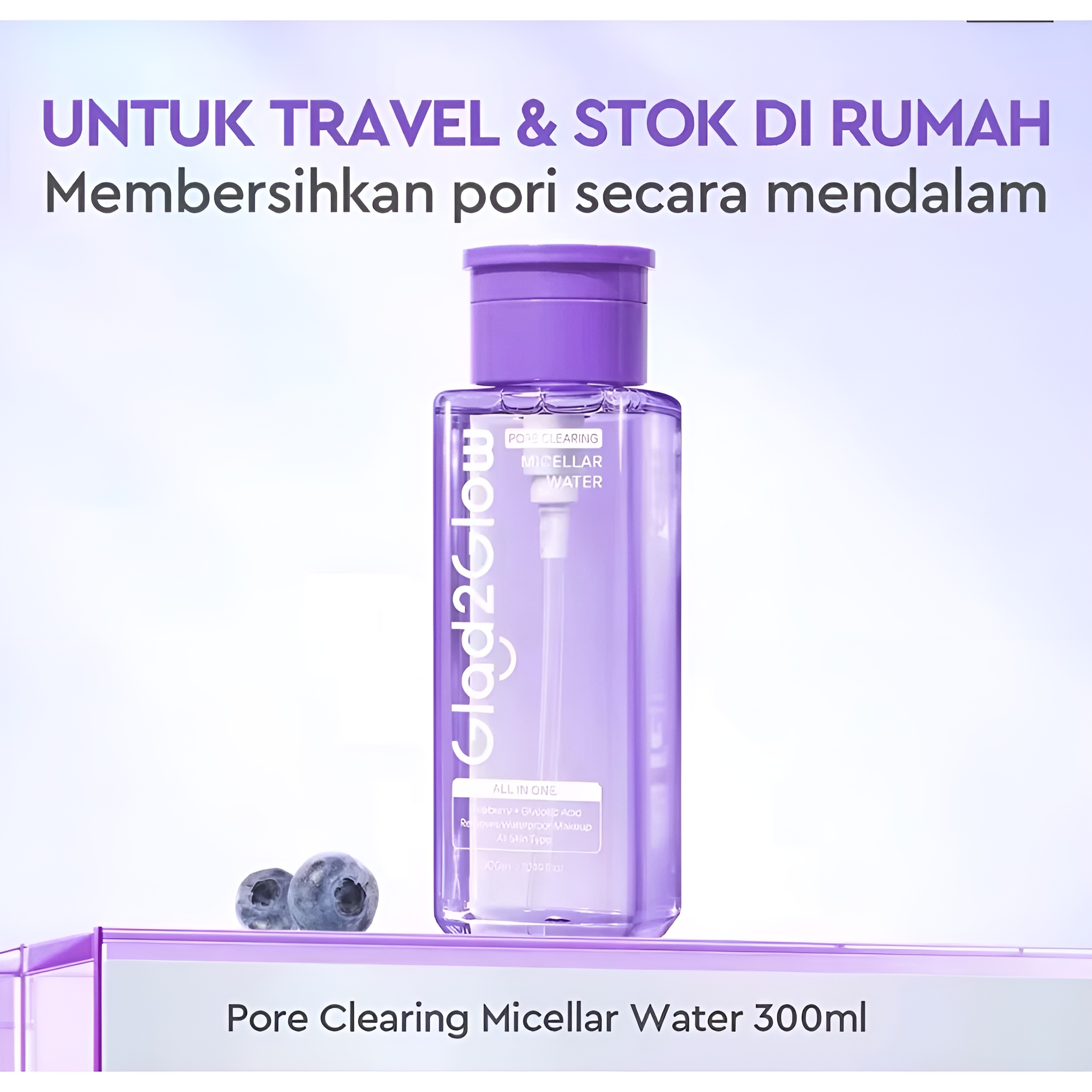 Glad2Glow Pore Clearing Micellar Water 300ml Blueberry Glycolic Acid Waterproof Makeup Remover Pe...
