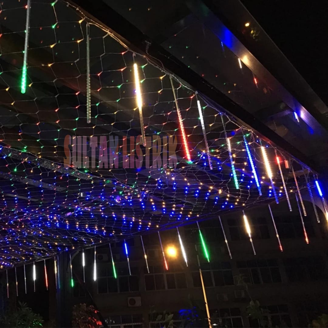 LAMPU LED HUJAN METEOR MERAH PUTIH & RGB 50CM 1SET ISI 10 & 8 PCS FULL COLOUR AC 220V