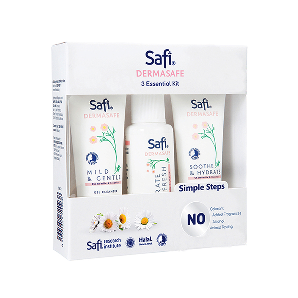 Safi Dermasafe 3 pcs Essential Kit Perawatan Kulit Sensitif (Mild & Gentle Gel Cleanser 20ml, Hydrate & Refresh Booster Mist - 25ml, Soothe & Hydrate Day Moisturise 15ml)