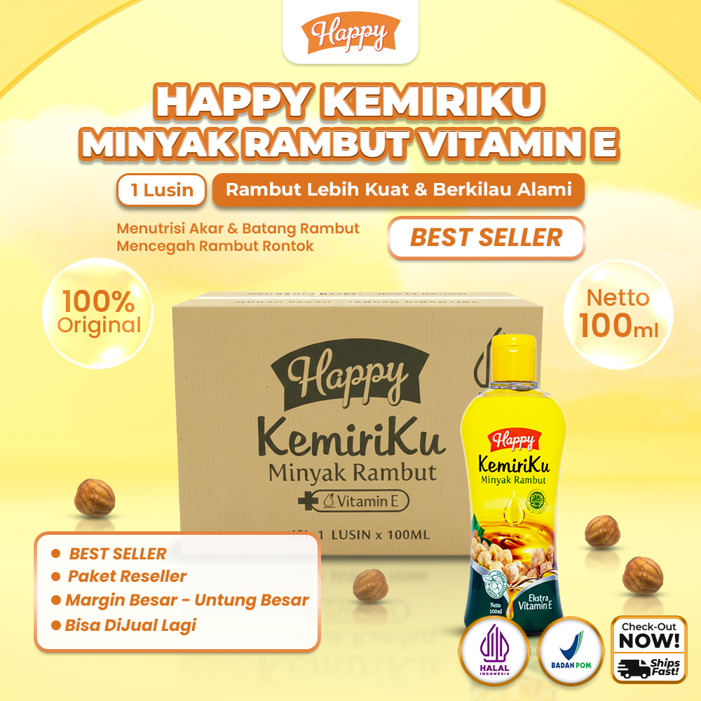 (PAKET RESELLER) Happy Minyak Kemiriku 100ml isi 6 Pcs dan1 lusin (12 Pcs) - Membantu Pertumbuhan Rambut & Anti Rontok| Rambut Tebal Hitam Sehat Alami | Kemiri | Vitamin E | Sudah Halal & BPOM