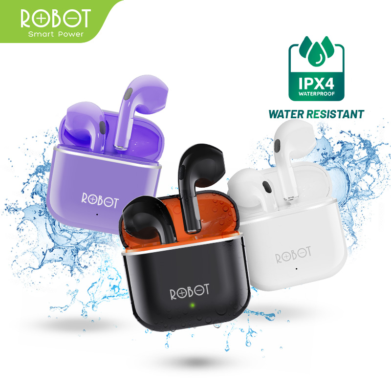 ROBOT Airbuds TWS Bluetooth 5.3 Earphone Wireless Headset Semi In-Ear 13mm Driver Super Bass Suara Jernih 6Jam Playtime Quick Charging Type-C HD Call IPX4 Tahan Air Keringat Smart Control T50S Original Garansi Resmi 1 Tahun