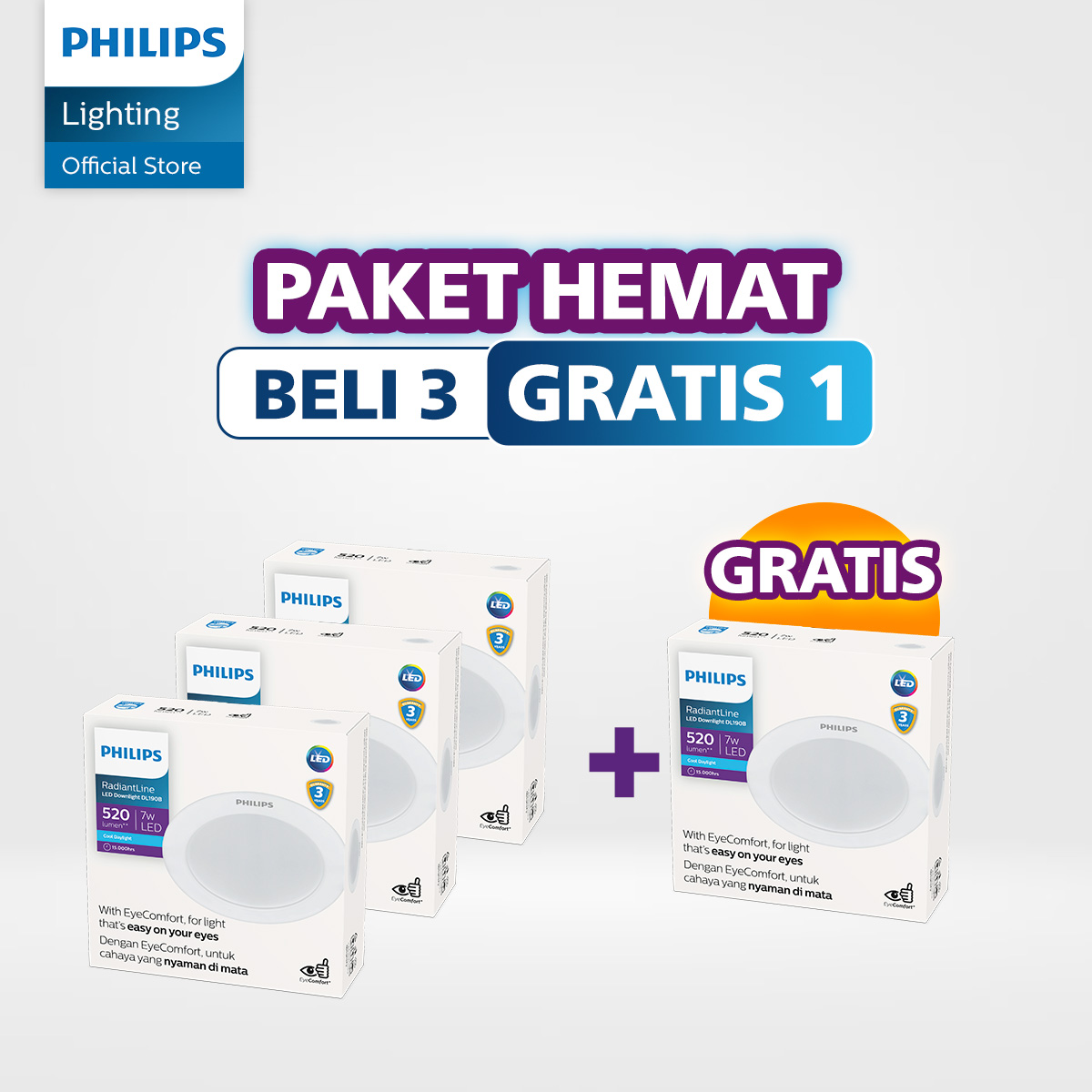 Philips Lampu Panel LED Paket Lampu Lebih Cuan Beli 3 Gratis 1 LED Downlight DL190B 7W 6500k Putih