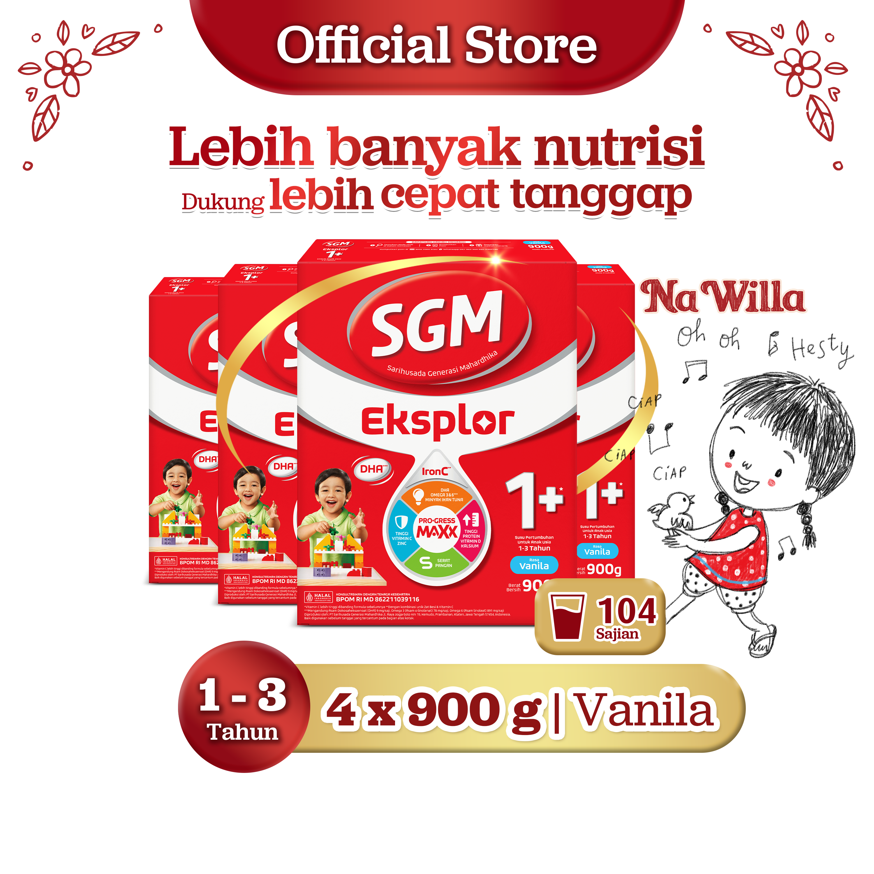 SGM Eksplor 1+ dengan IronC Susu Pertumbuhan Rasa Vanilla 4x900gr - Untuk Usia 1-3 Tahun
