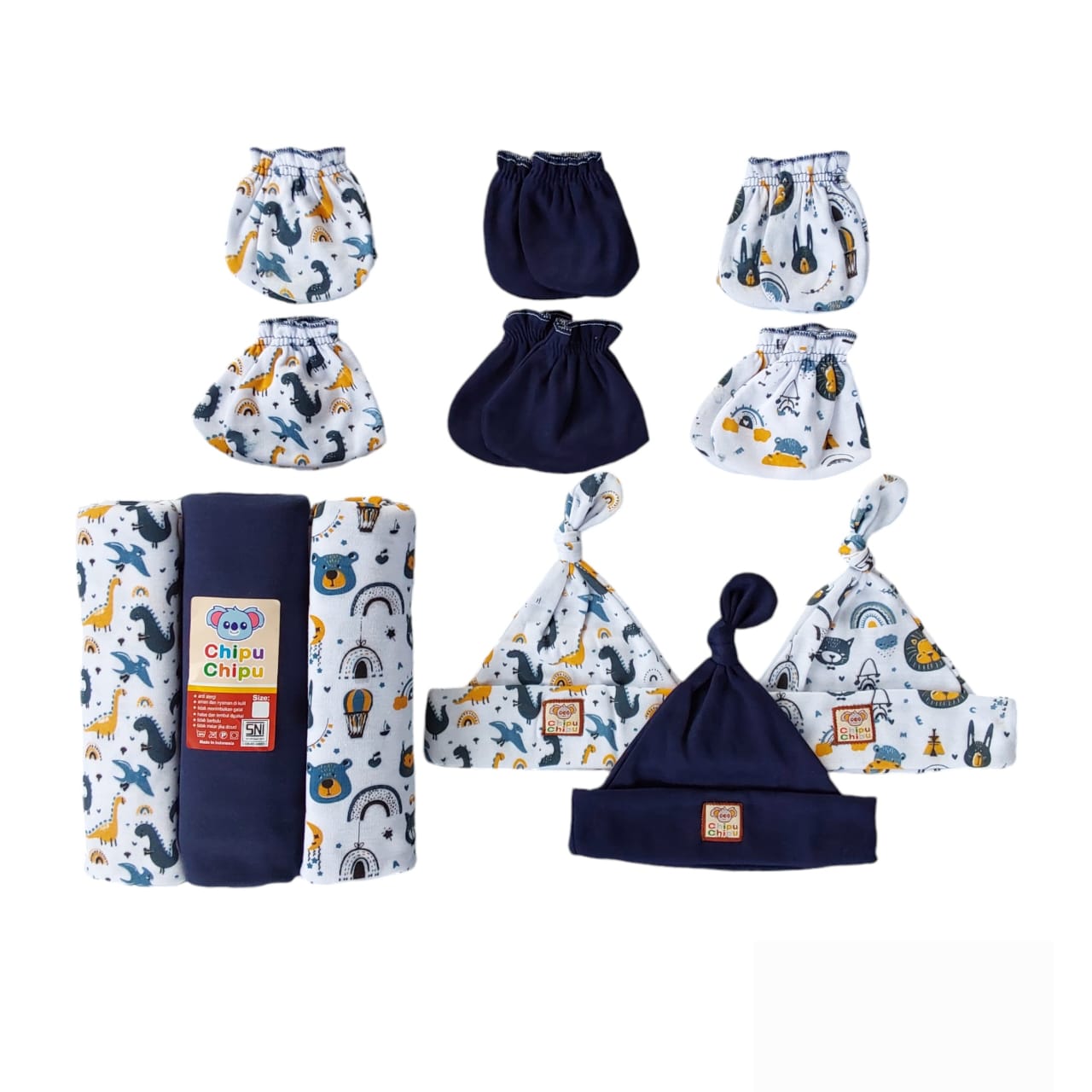 Paket Bedong Bayi Set dengan Topi Kupluk dan Sarung Tangan Kaus Kaki Motif Lucu