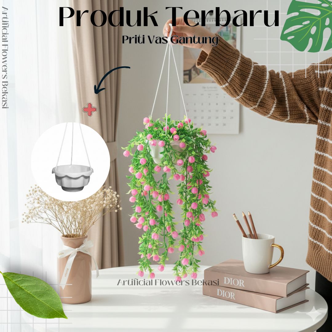 BUNGA PRITI + POT GANTUNG TALI (PGT)/ bunga hias/ Juntai Artificial Plastik Imitasi Palsu