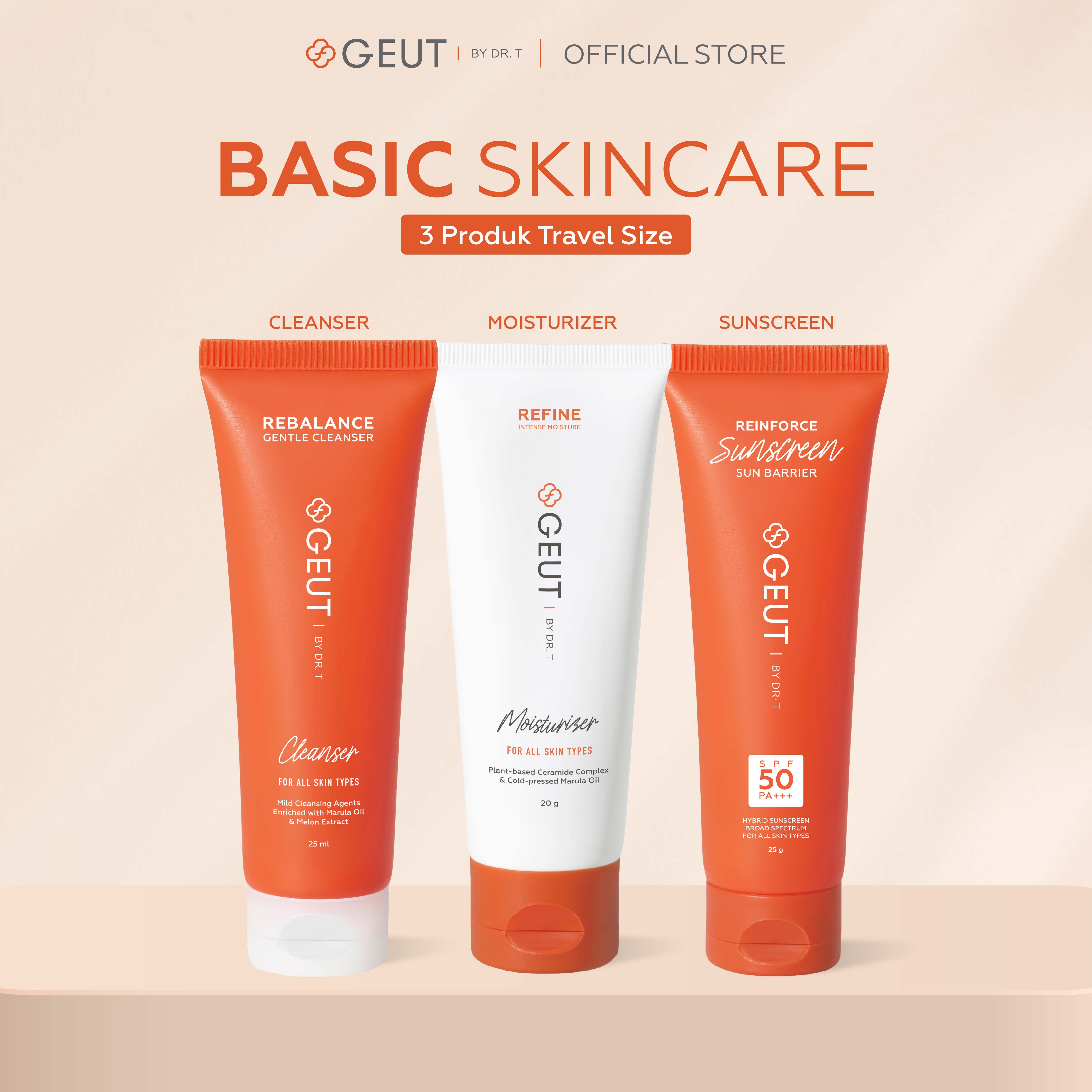 GEUT BASIC Travel Set 3pcs (Paket Wajah Basic Ukuran Travel Cleanser 25ml + Moisturizer 20gr + Su...