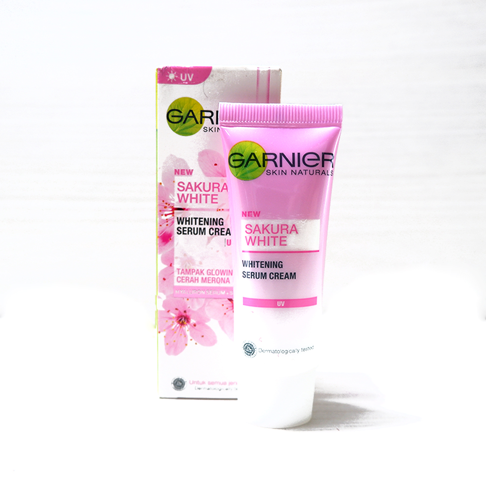 Garnier Sakura Whitening Serum Cream Pinkish Radiance with UV Day Cream 20ml - Krim Siang untuk kulit normal - berminyak